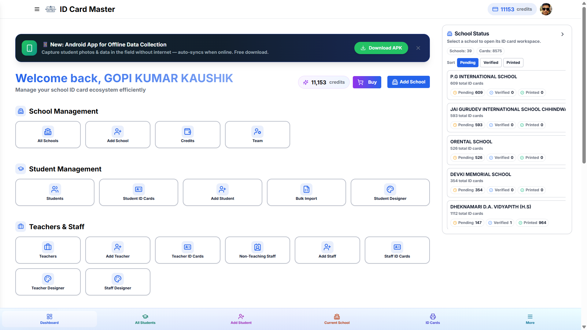 ID Card Master dashboard overview with stats and quick actions