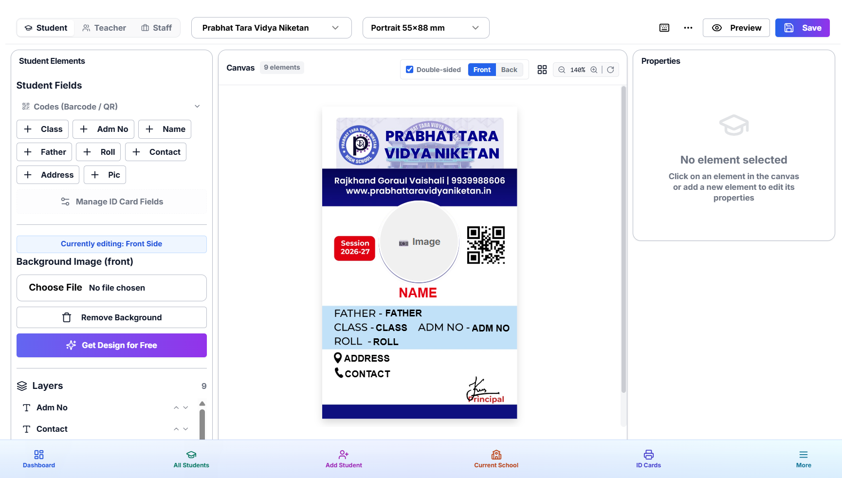 ID card designer with QR code, barcode, and school logo fields visible