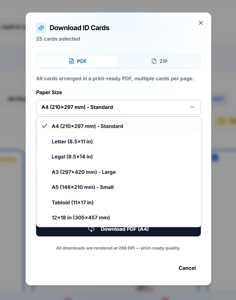Bulk PDF export popup — choose paper size, export 2000 ID cards in minutes