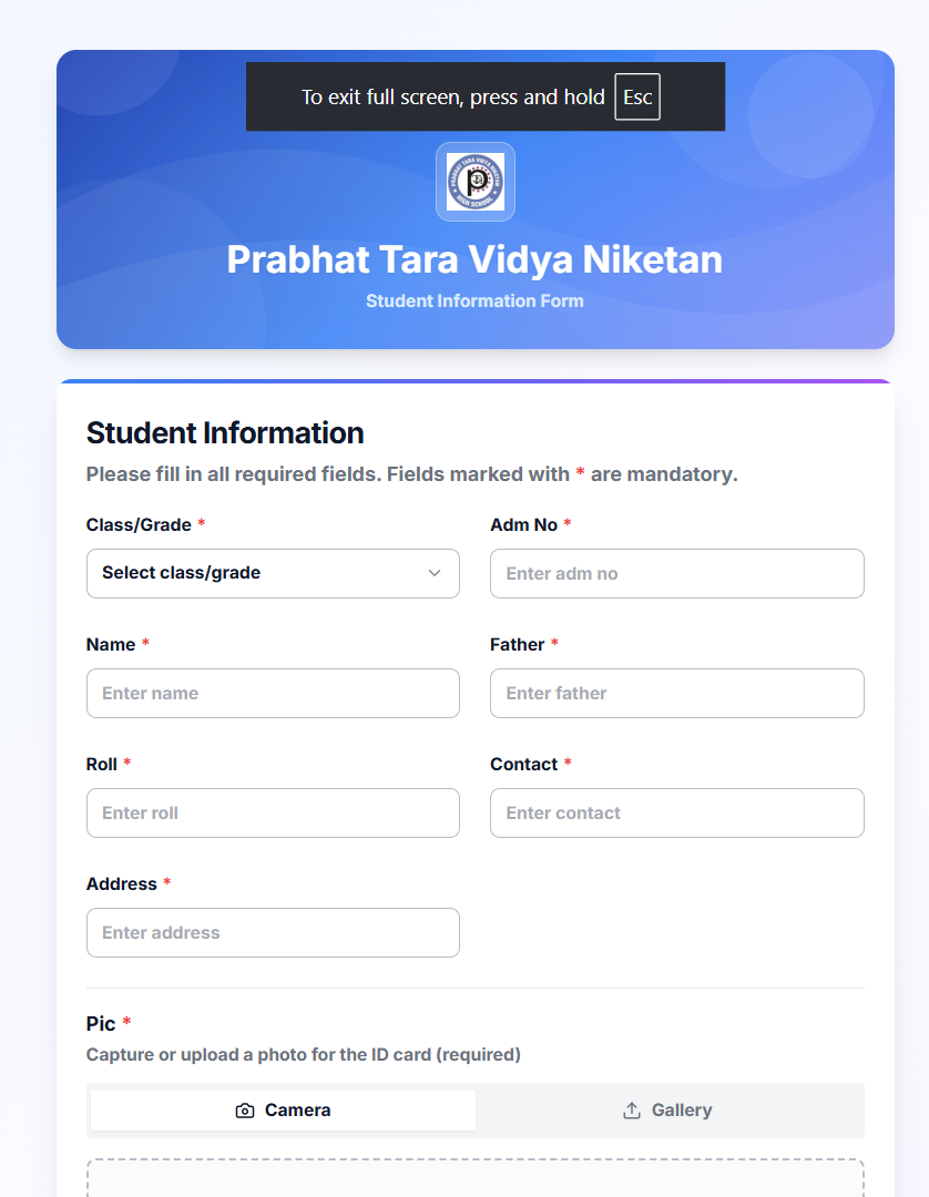 Student data collection public form — Prabhat Tara Vidya Niketan