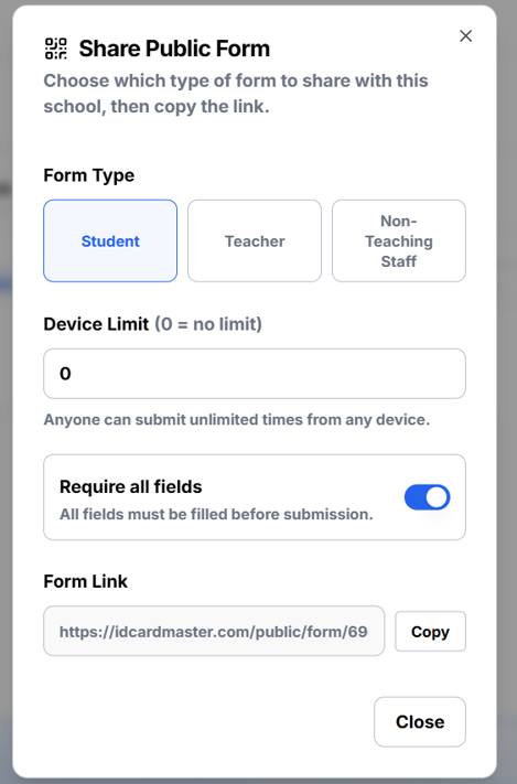 Share public form popup
